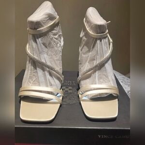 Vince Camuto Cream Strappy Rhinestone Wrap Heels